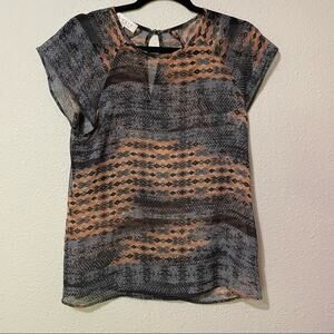 Wayf Blue & Tan Sheer Printed Short Sleeve Blouse Womens S Boho Fall Shirt Top